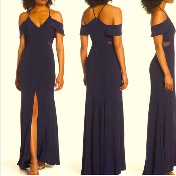 Xscape Navy Cold Shoulder Gown Size 2 - Picture 1 of 6
